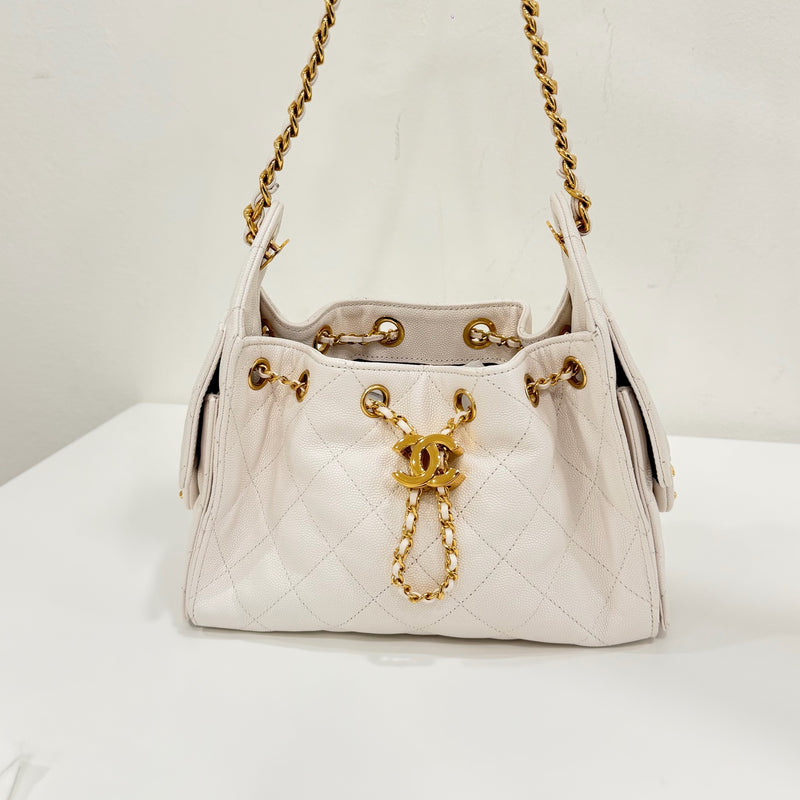 Chanel Mini 25 Bag, White Caviar Leather, Gold Hardware