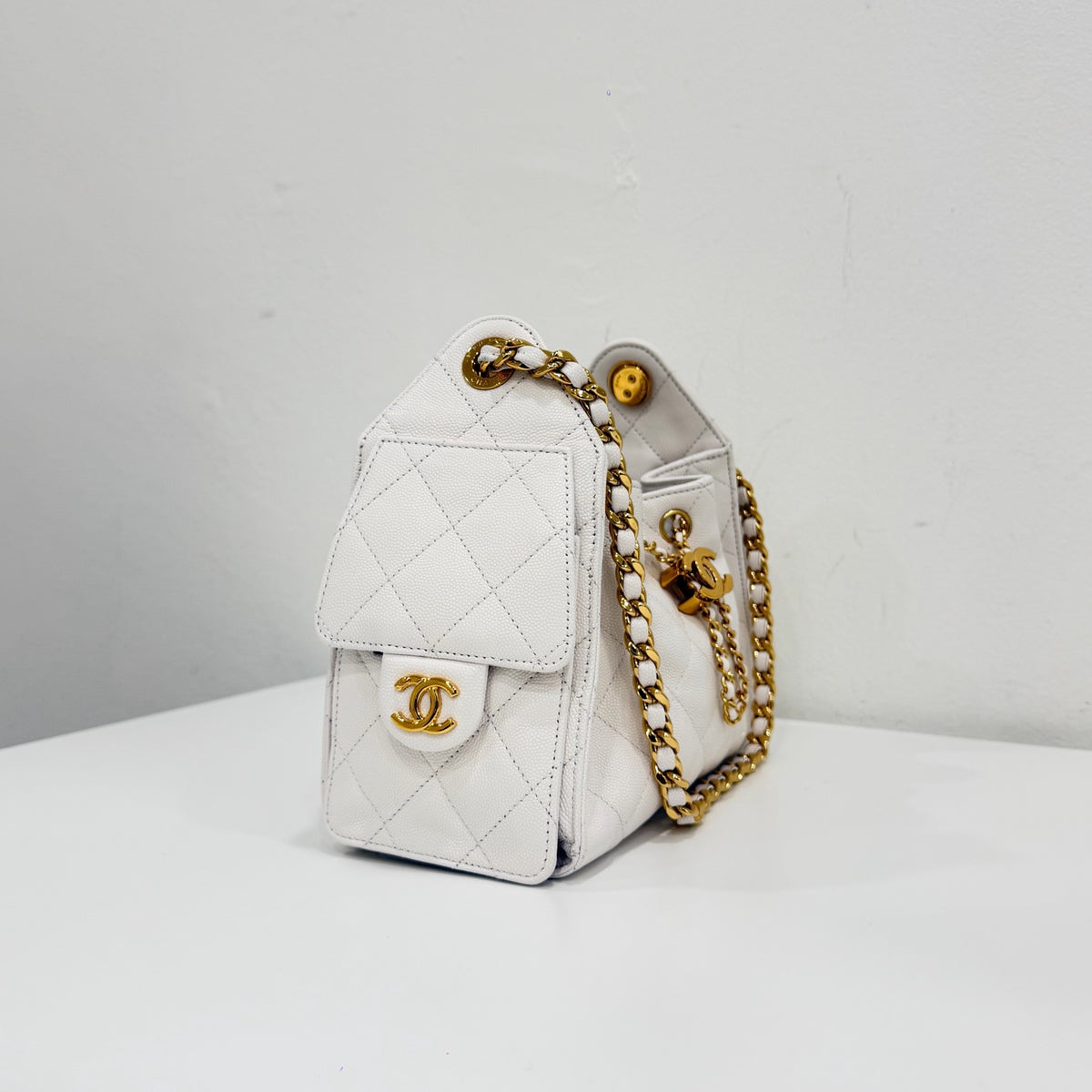 Chanel Mini 25 Bag, White Caviar Leather, Gold Hardware