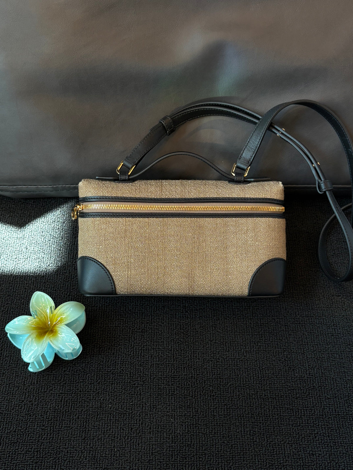Loro Piana Linen Canvas & Black Leather Handbag