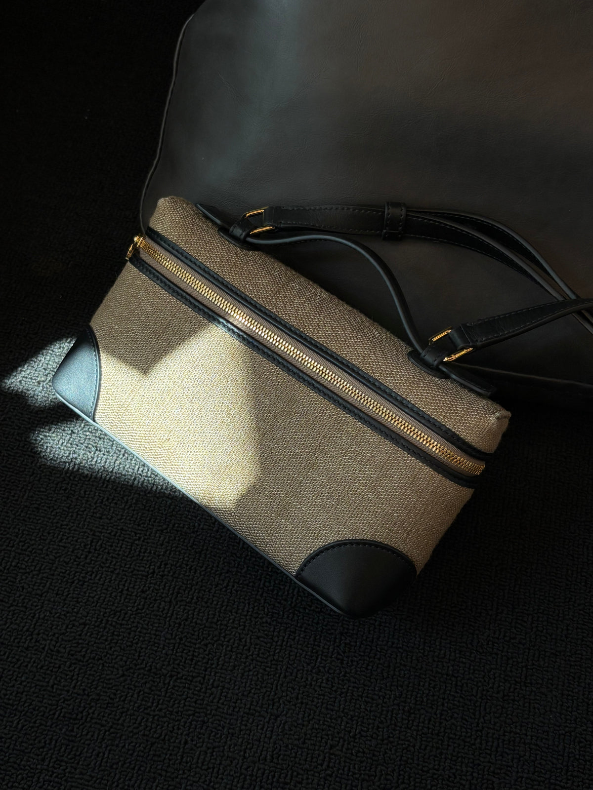 Loro Piana Linen Canvas & Black Leather Handbag