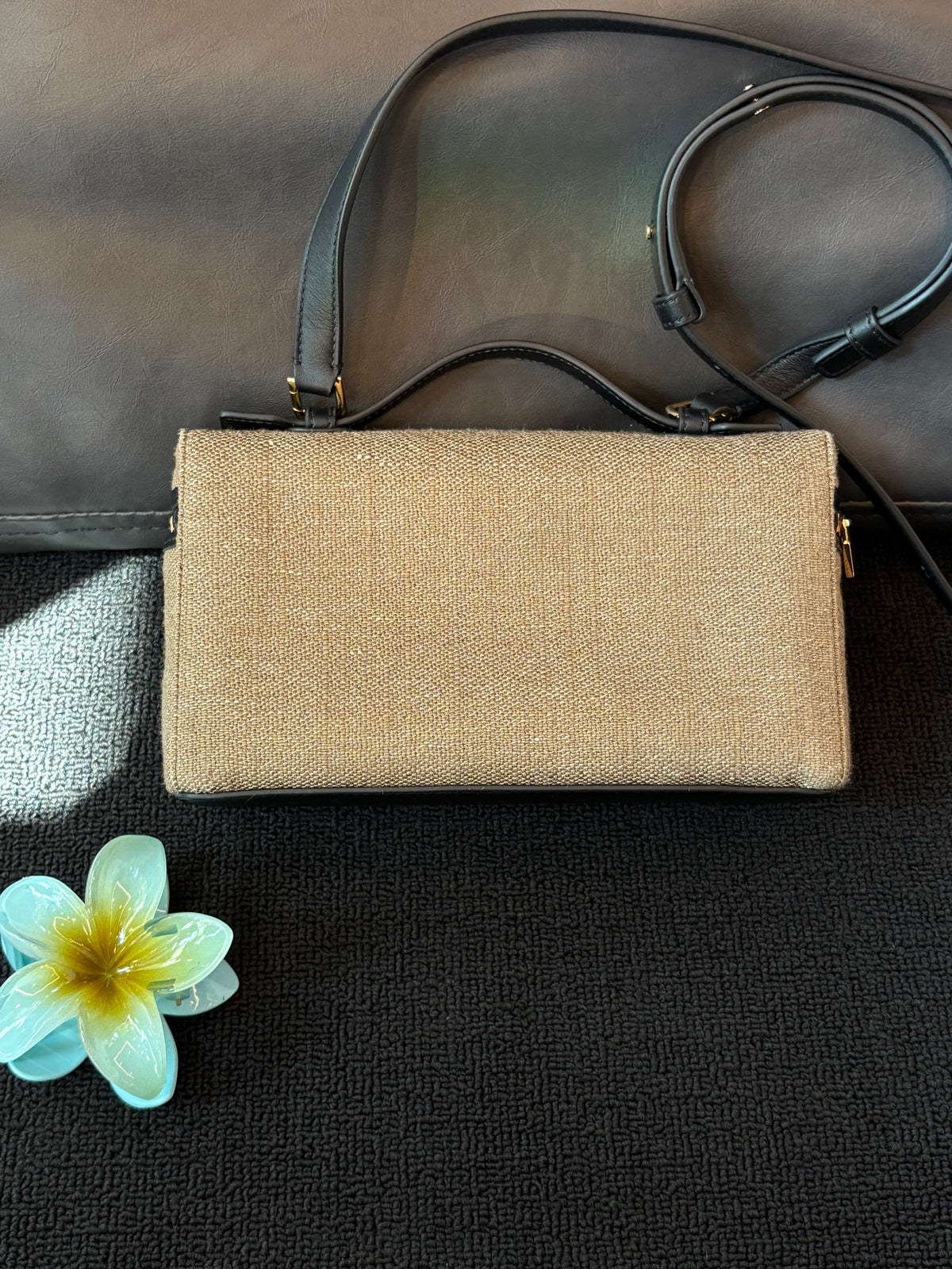 Loro Piana Linen Canvas & Black Leather Handbag