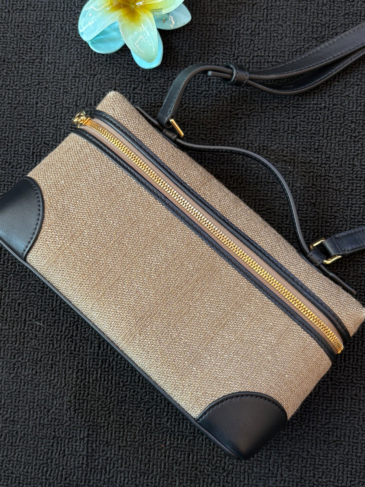 Loro Piana Linen Canvas & Black Leather Handbag