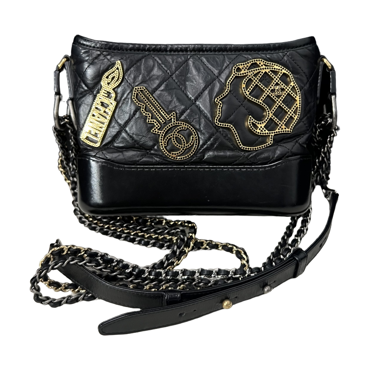 Chanel Metales Art Series Badge Gabrielle Small Bag, Black Caviar & Gold Hardware, 24 Stamp