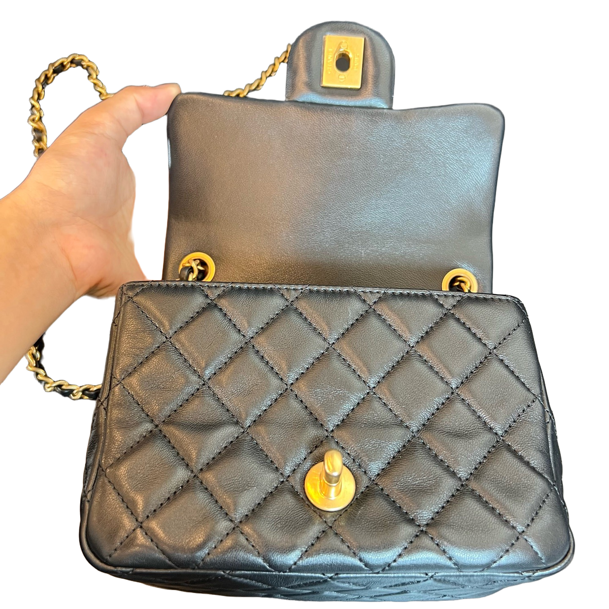 Chanel Black Lambskin Pearl Crush Square Mini Flap, Chip Version