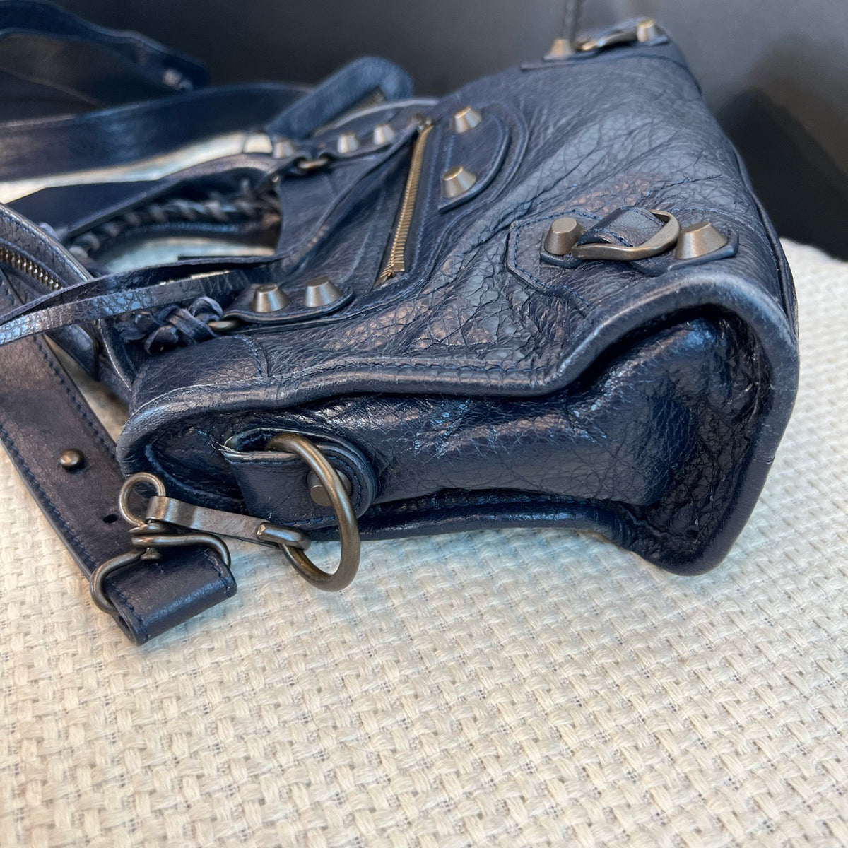 Balenciaga City Mini, Lambskin Leather, Blue, Giant Studs Motocross Ba
