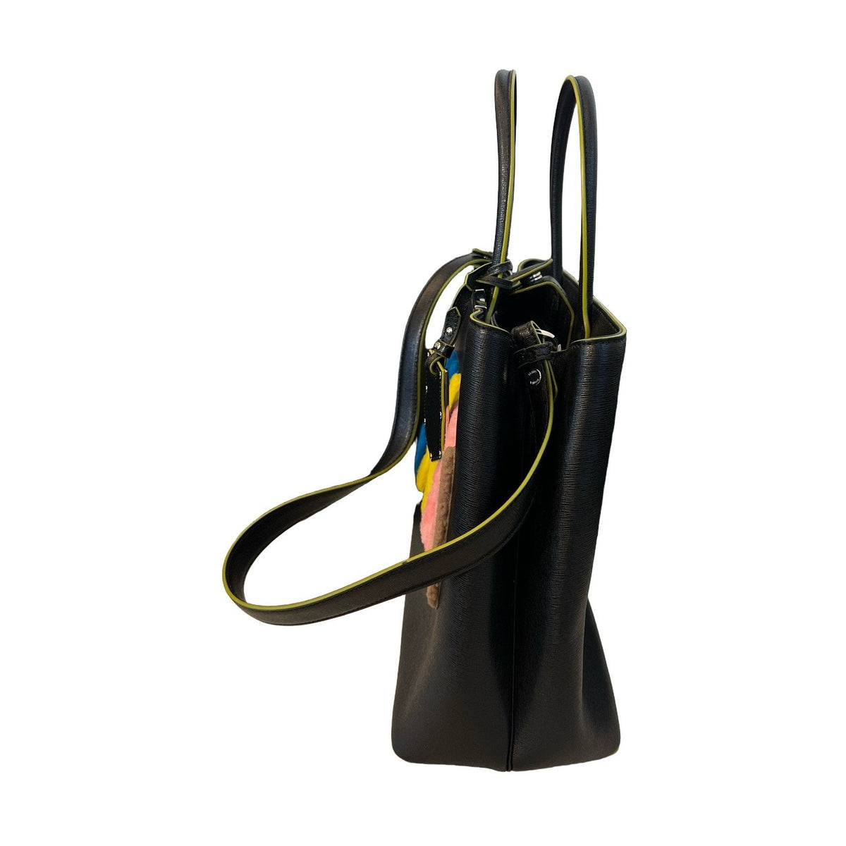 Fendi 2Jours Tote Bag, Black Calfskin, Multicolor Flocked Logo, Handbag & Crossbody