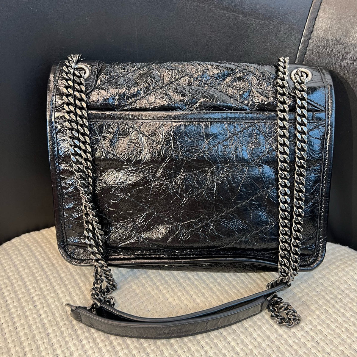 YSL Saint Laurent Niki Small, Black Crinkled Wax Leather, Non-D Buckle Chain Bag