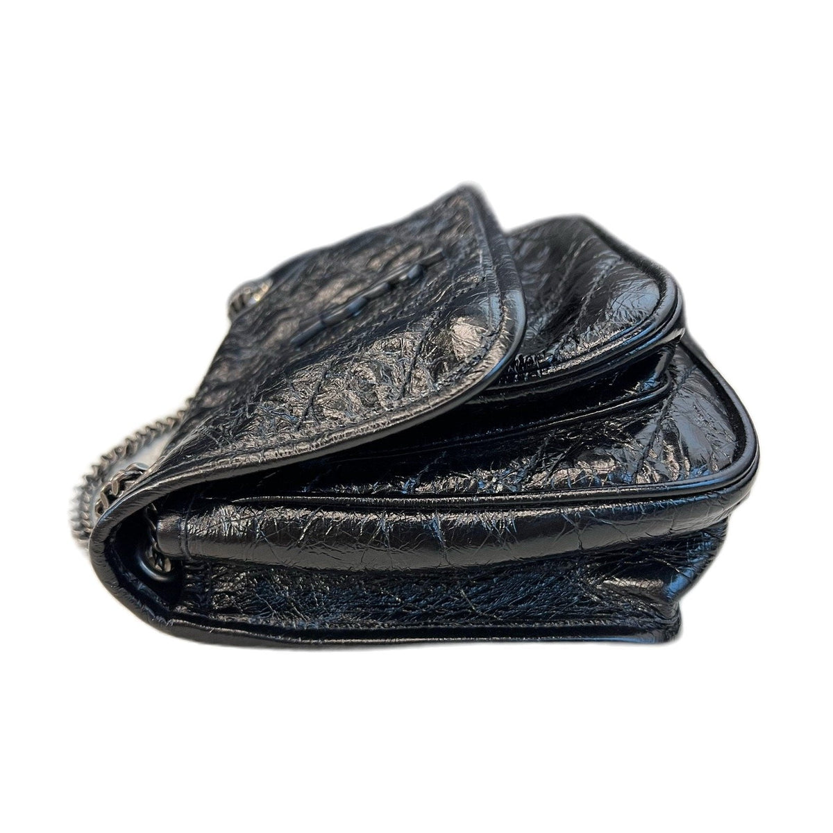 YSL Saint Laurent Niki Small, Black Crinkled Wax Leather, Non-D Buckle Chain Bag