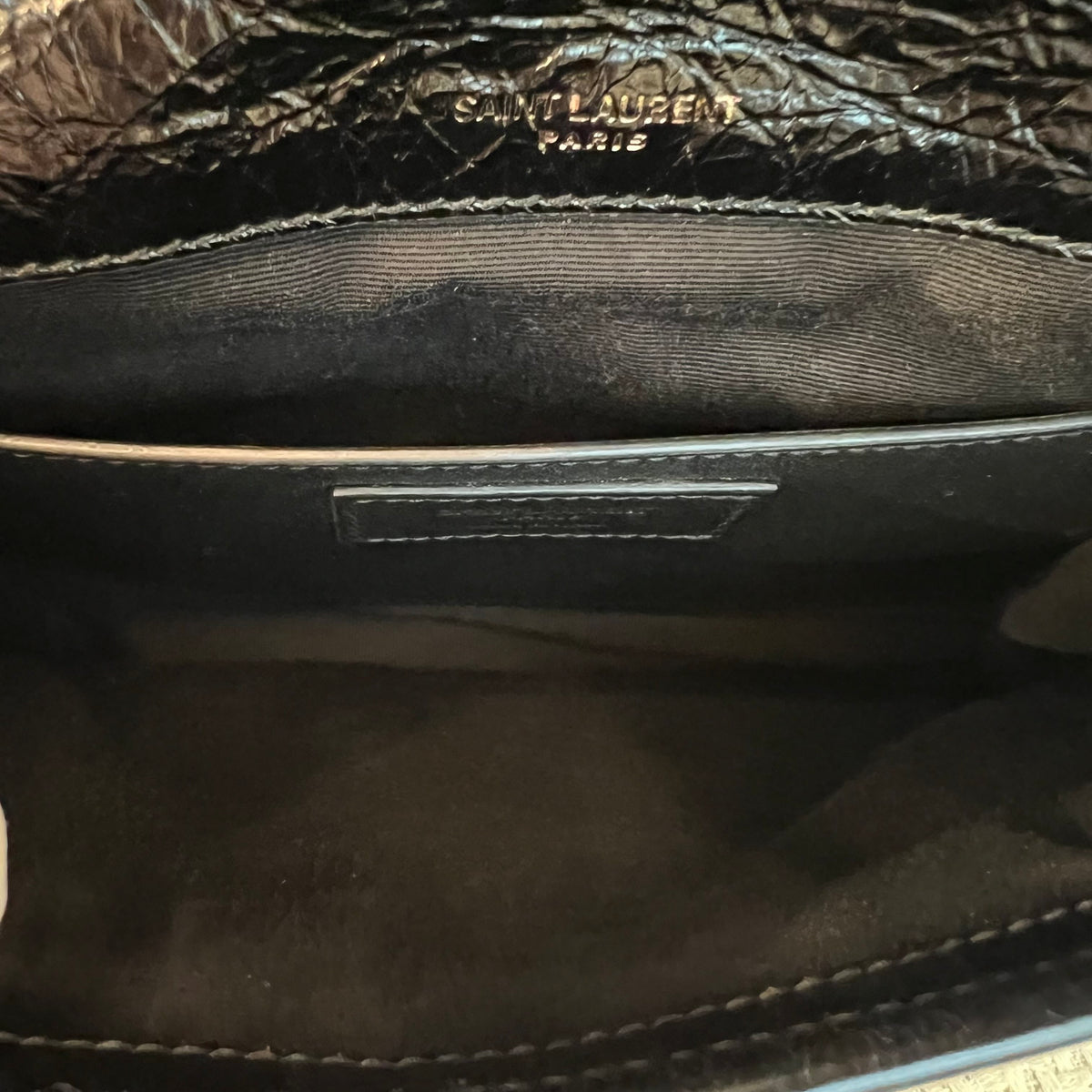 YSL Saint Laurent Niki Small, Black Crinkled Wax Leather, Non-D Buckle Chain Bag