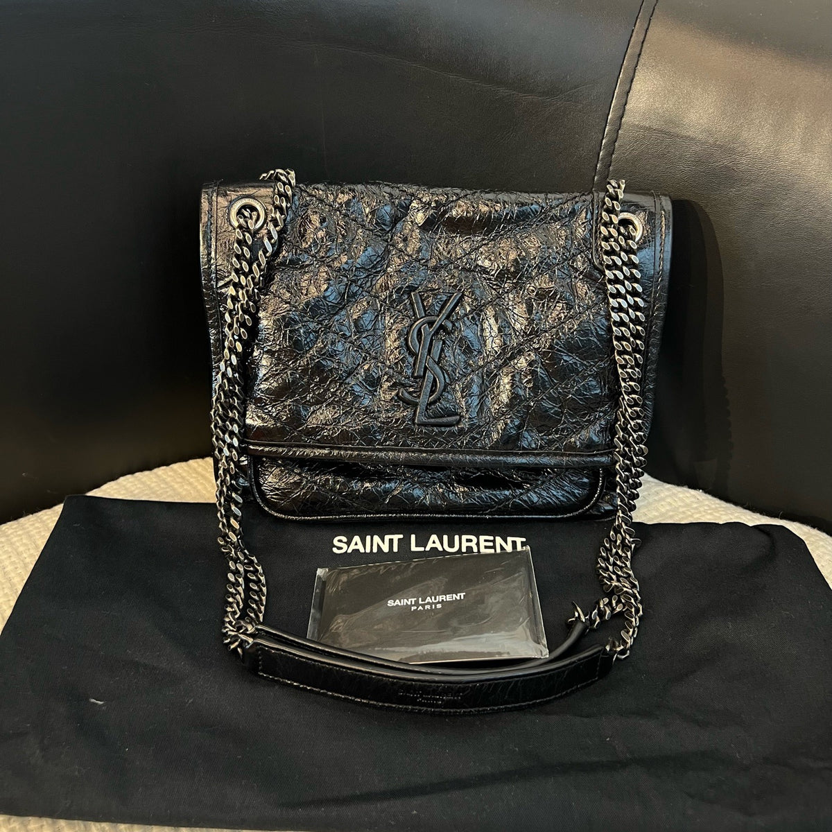 YSL Saint Laurent Niki Small, Black Crinkled Wax Leather, Non-D Buckle Chain Bag
