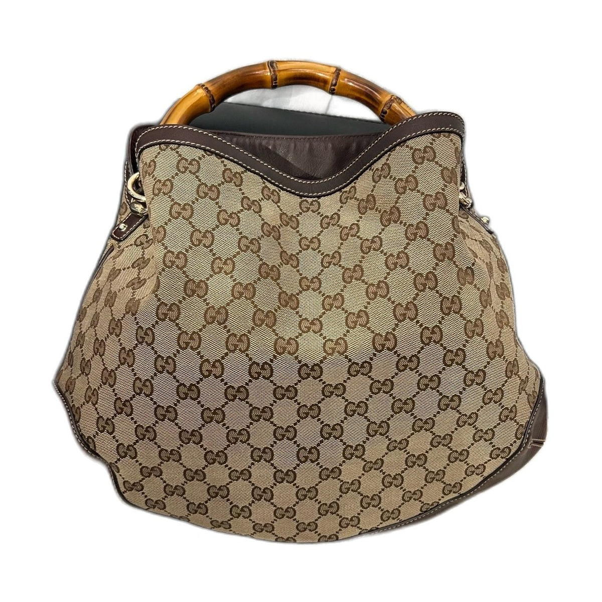 Gucci Vintage GG Canvas Bamboo Handle Hobo Bag, Brown Leather Trim