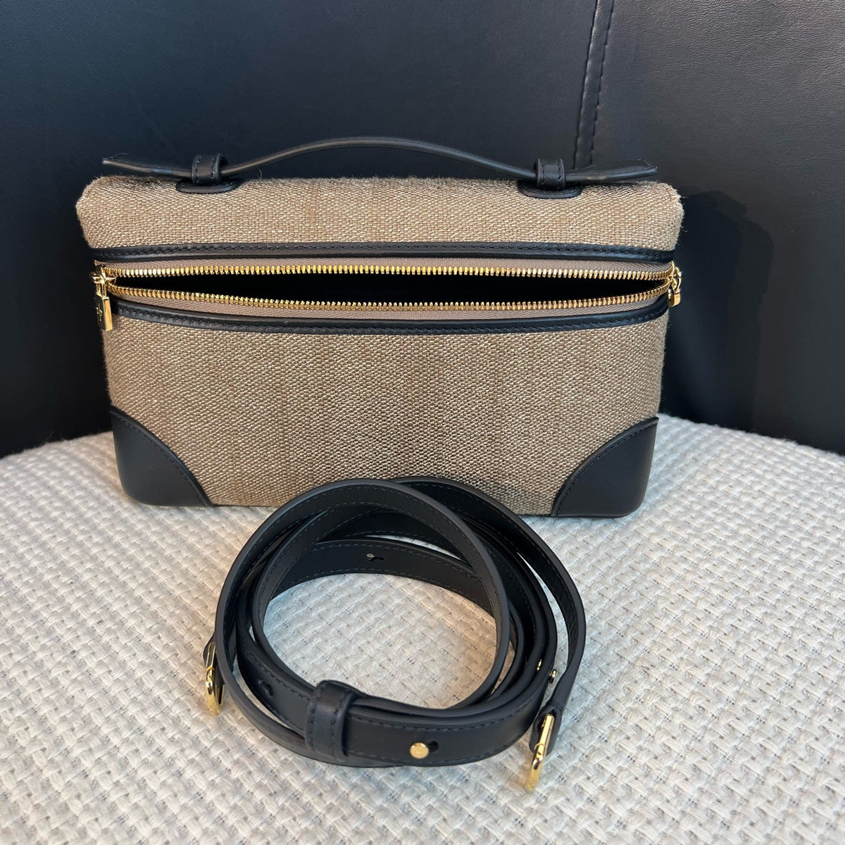 Loro Piana Linen Canvas & Black Leather Bag, Gold Hardware