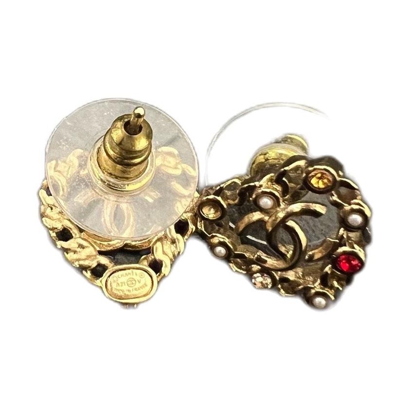 Chanel 21P Heart Cutout Color Gemstone Stud Earrings Double C Logo
