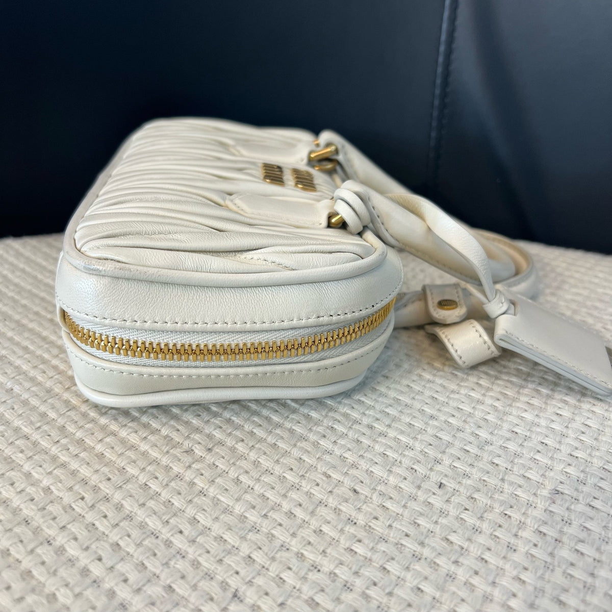 Miu Miu Matelassé White Lambskin Bowling Bag Small, Top Handle & Crossbody