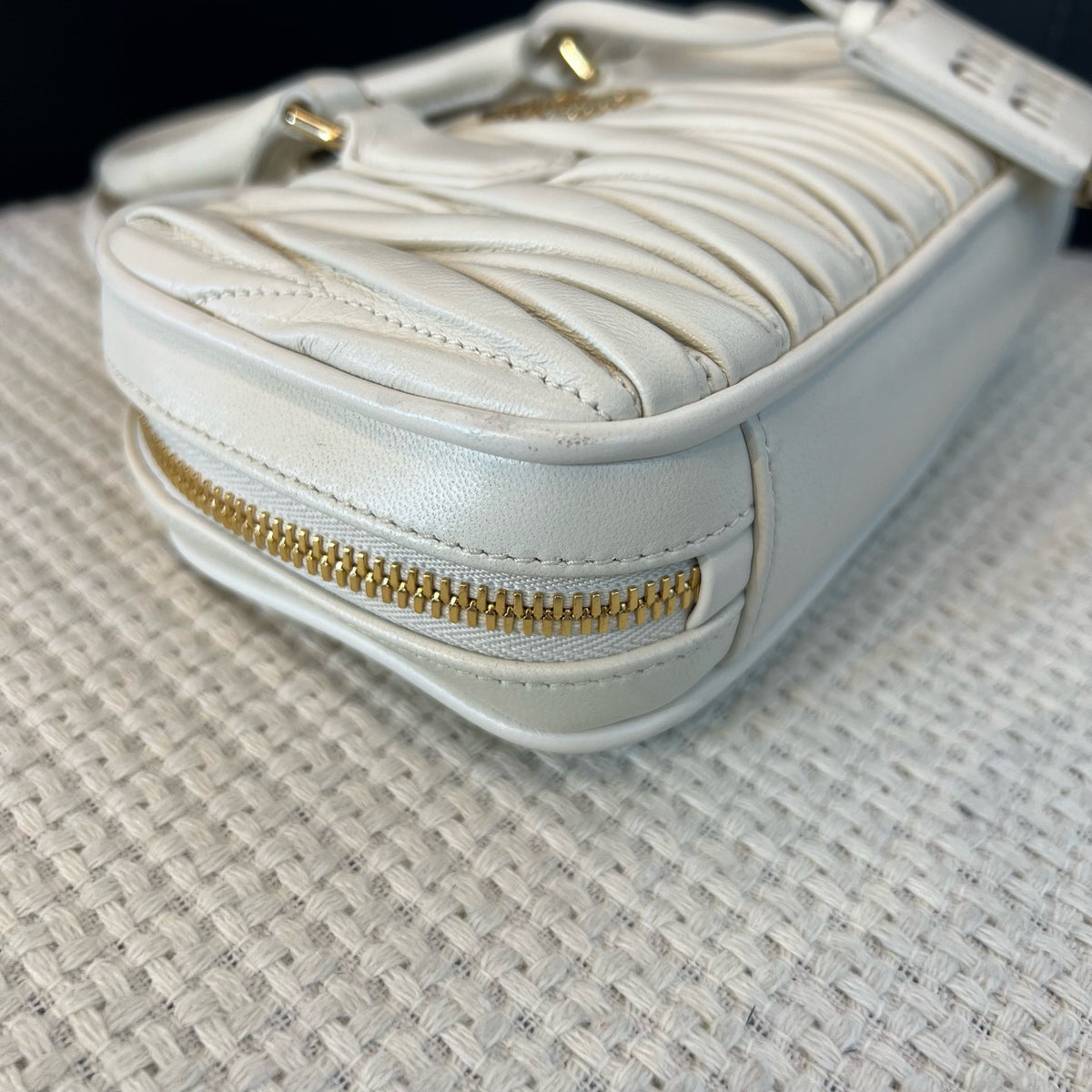 Miu Miu Matelassé White Lambskin Bowling Bag Small, Top Handle & Crossbody