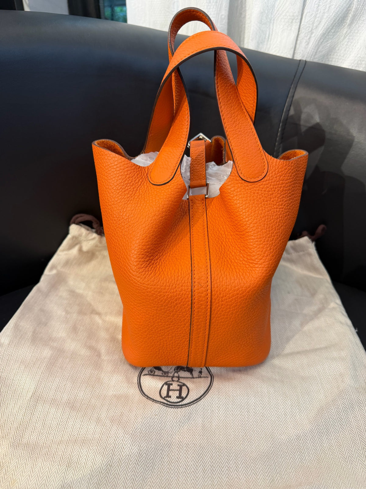 Hermès Picotin 18 Handbag, Orange Taurillon Clemence Leather, Y Stamp, Missing Lock Key