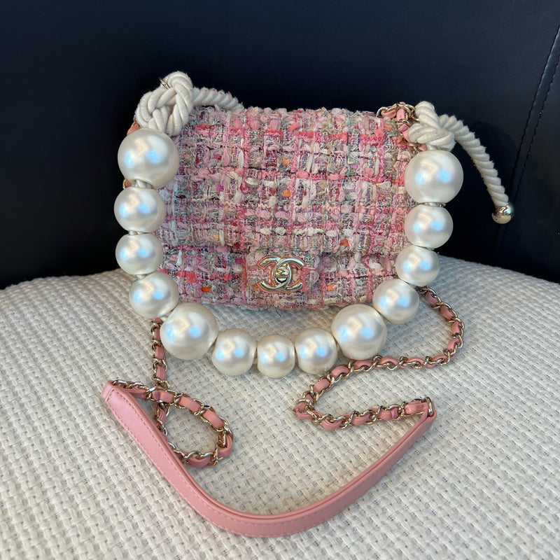 CHANEL Classic Flap CF Pearl Chain, Tweed Flap Crossbody Bag, Series 28