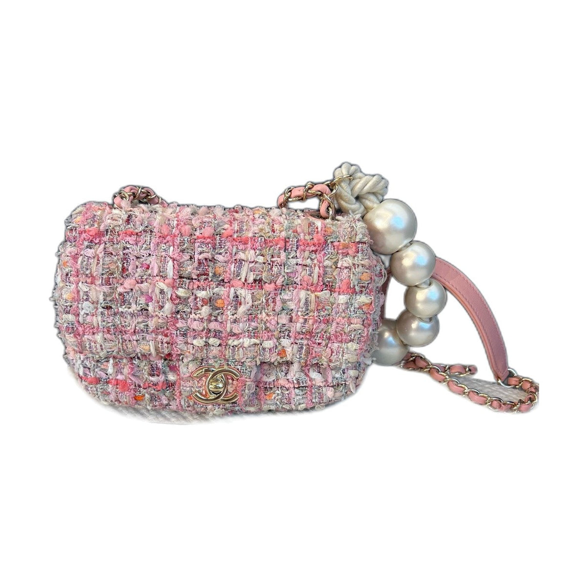 CHANEL Classic Flap CF Pearl Chain, Tweed Flap Crossbody Bag, Series 28