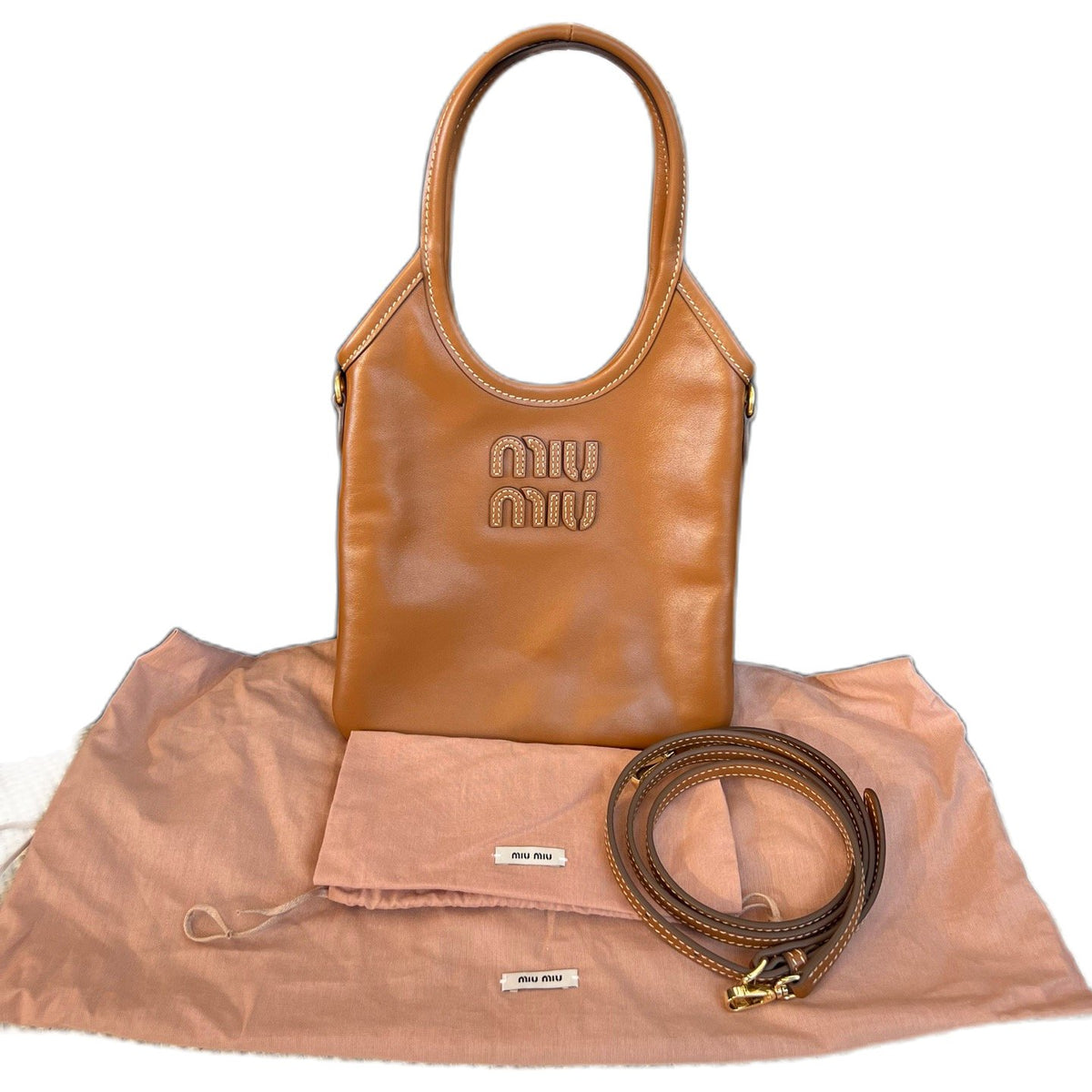 Miu Miu IVY Leather Tote Shoulder Bag, Cognac