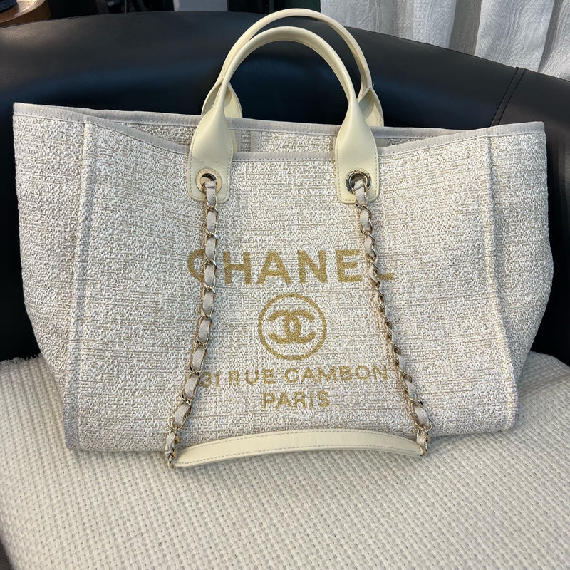 Chanel Gold Thread Woven Beach Tote Bag, Off White, Gold Hardware, Canvas & Leather, Chip Version