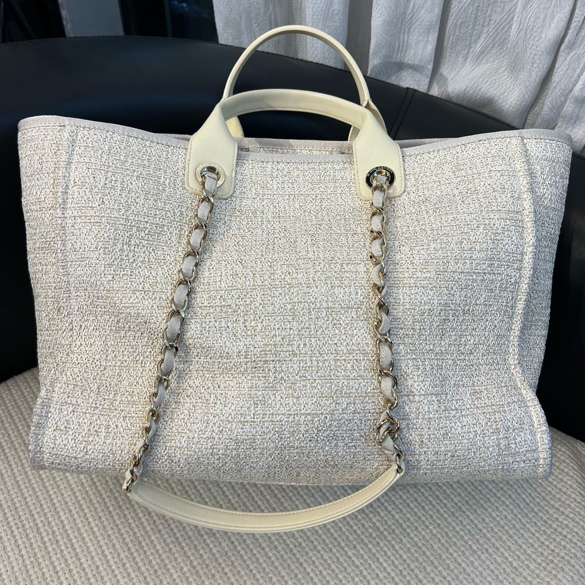 Chanel Gold Thread Woven Beach Tote Bag, Off White, Gold Hardware, Canvas & Leather, Chip Version