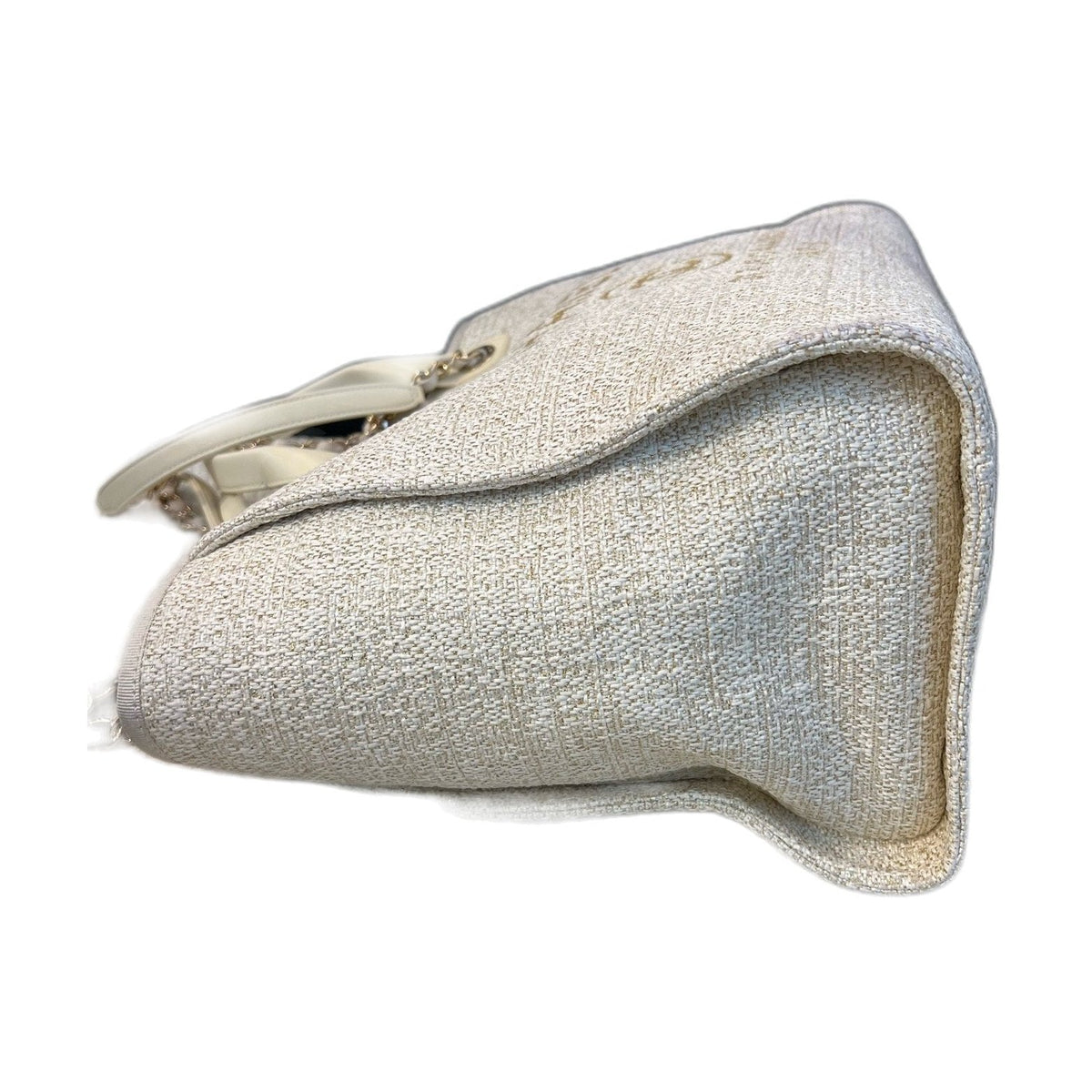 Chanel Gold Thread Woven Beach Tote Bag, Off White, Gold Hardware, Canvas & Leather, Chip Version