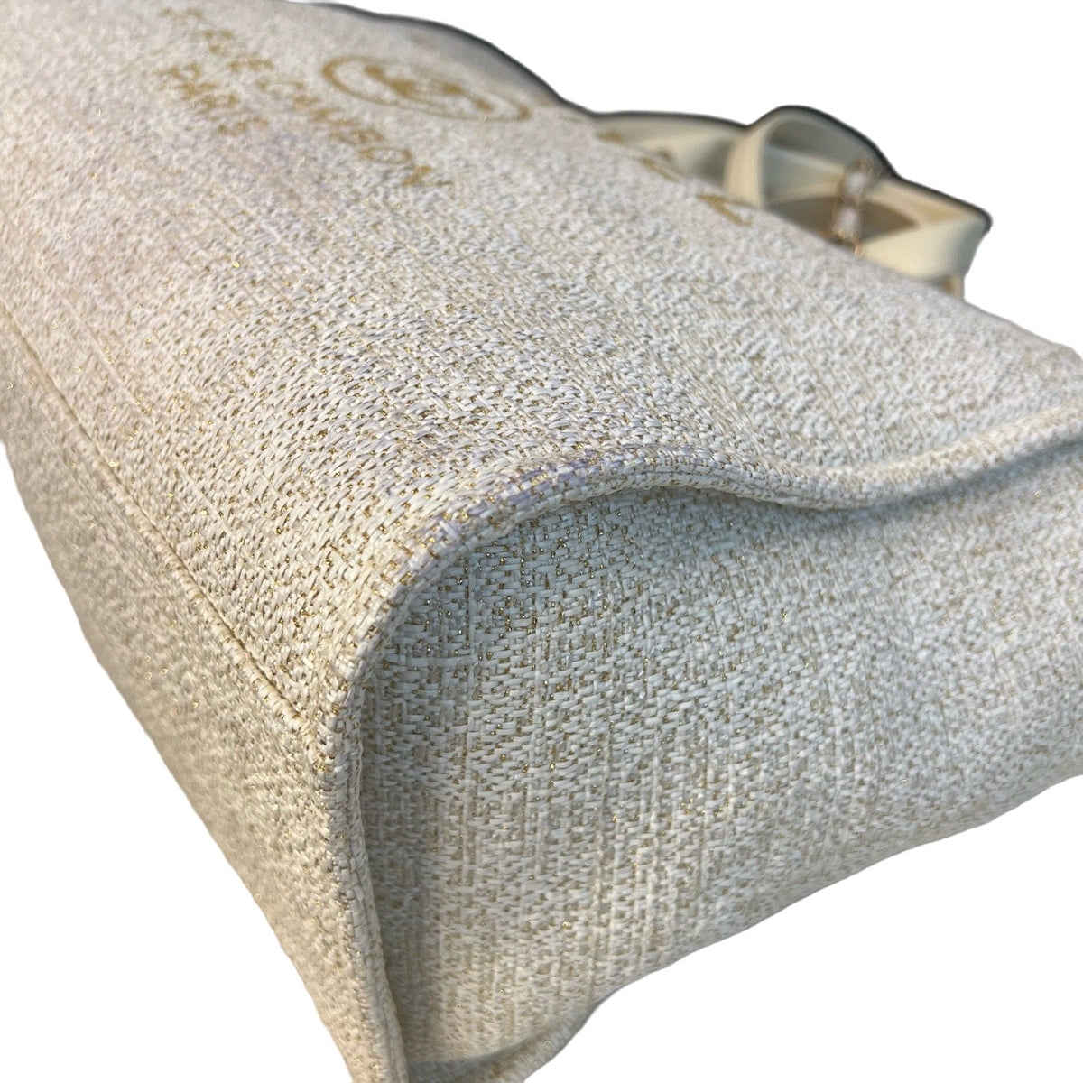 Chanel Gold Thread Woven Beach Tote Bag, Off White, Gold Hardware, Canvas & Leather, Chip Version