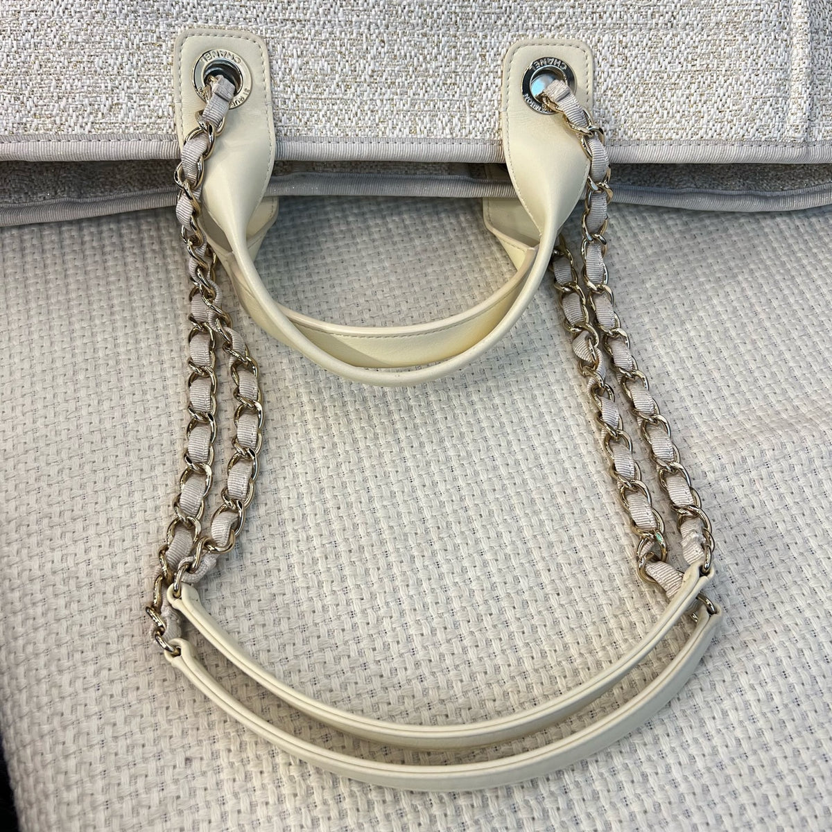 Chanel Gold Thread Woven Beach Tote Bag, Off White, Gold Hardware, Canvas & Leather, Chip Version