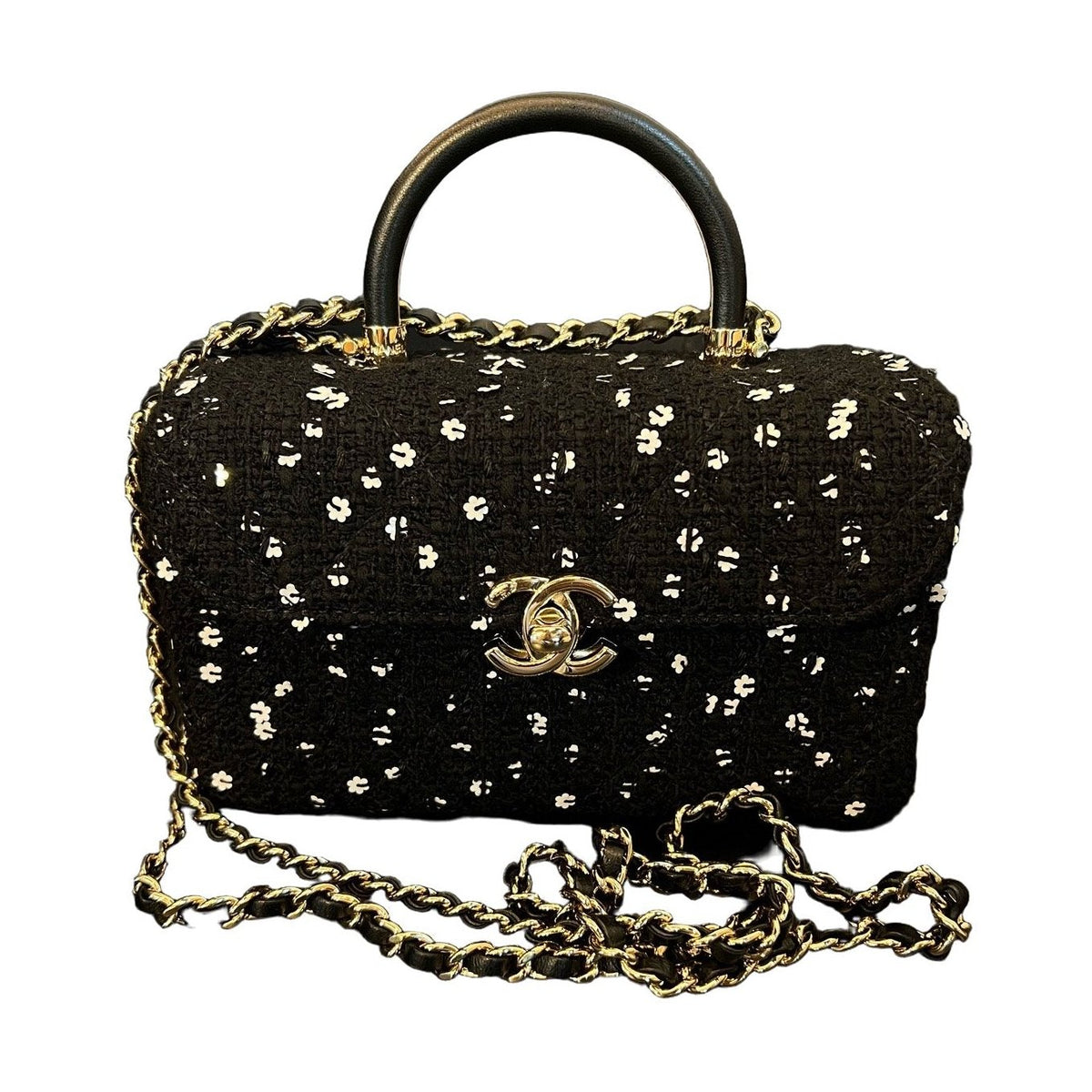 Chanel 23K Small Doctor Bag Black Tweed White Camellia Sequins
