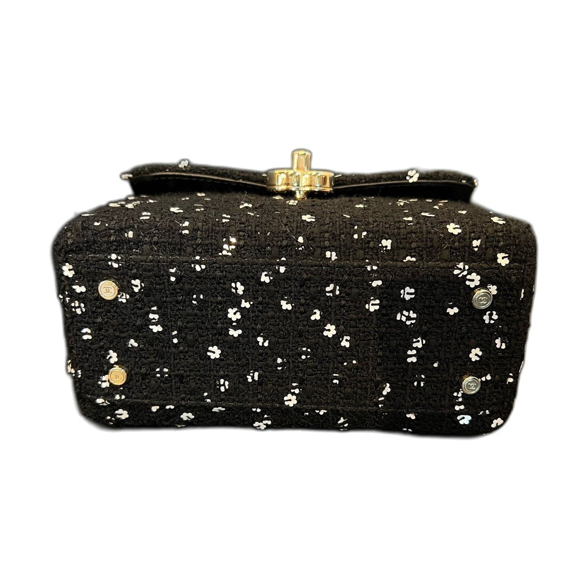 Chanel 23K Small Doctor Bag Black Tweed White Camellia Sequins