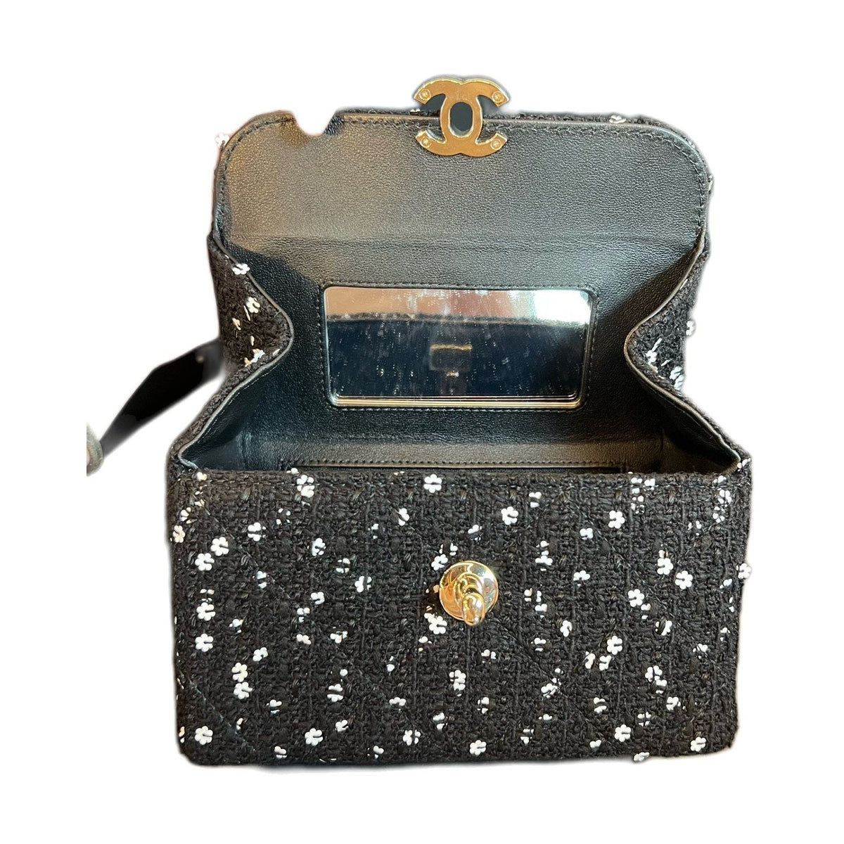 Chanel 23K Small Doctor Bag Black Tweed White Camellia Sequins