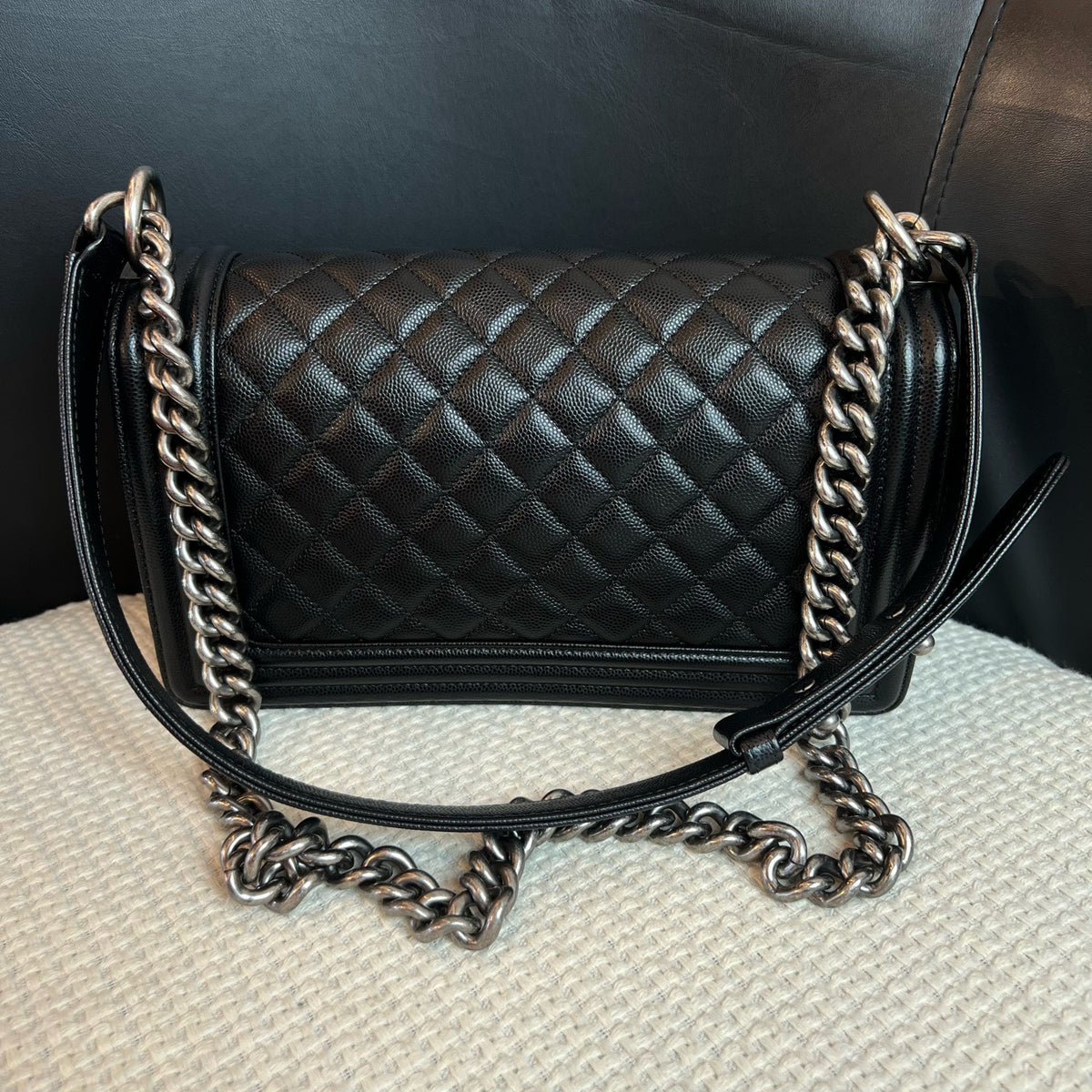 Chanel Black & Silver Medium Leboy, Caviar Leather, Shoulder & Crossbody Bag, Series 30