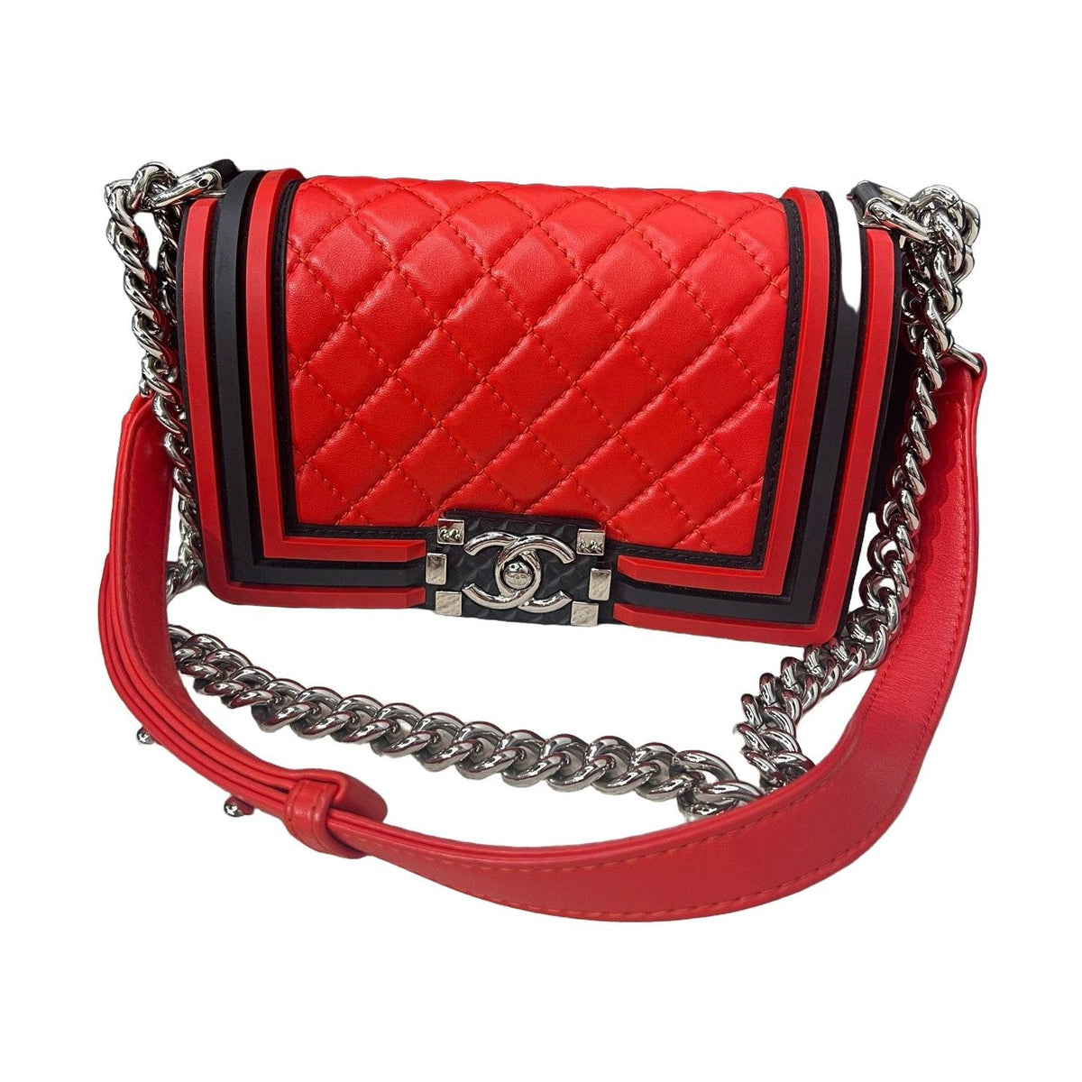 Chanel Le Boy Small, Red & Black Color Block, Silver Hardware, Calfskin Leather Shoulder Bag, 24 Series