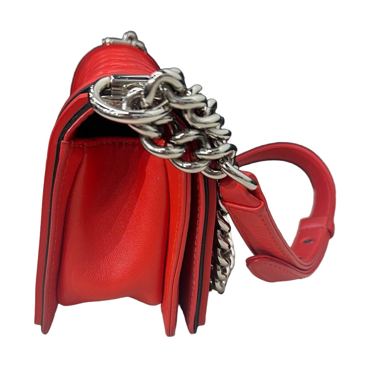 Chanel Le Boy Small, Red & Black Color Block, Silver Hardware, Calfskin Leather Shoulder Bag, 24 Series