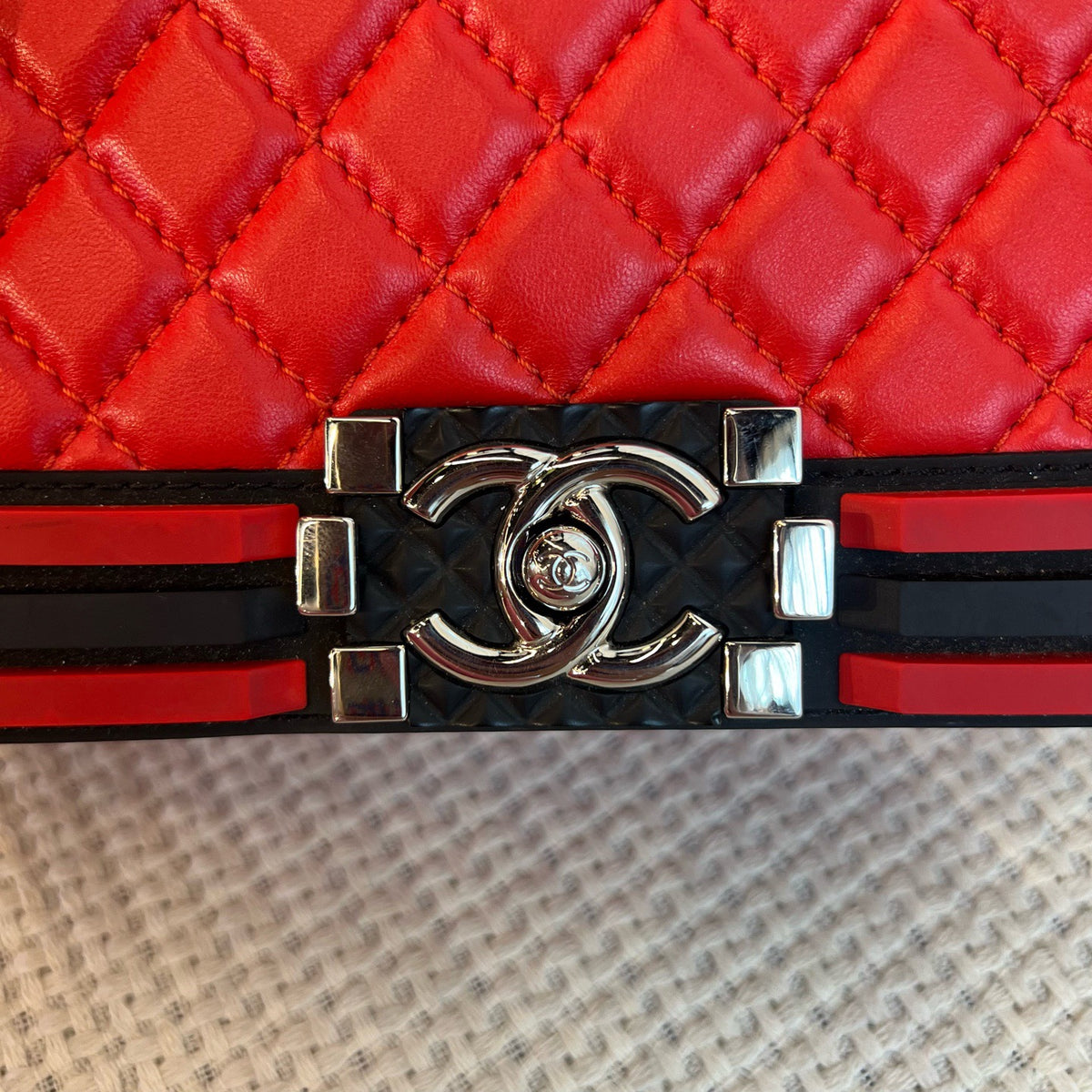 Chanel Le Boy Small, Red & Black Color Block, Silver Hardware, Calfskin Leather Shoulder Bag, 24 Series