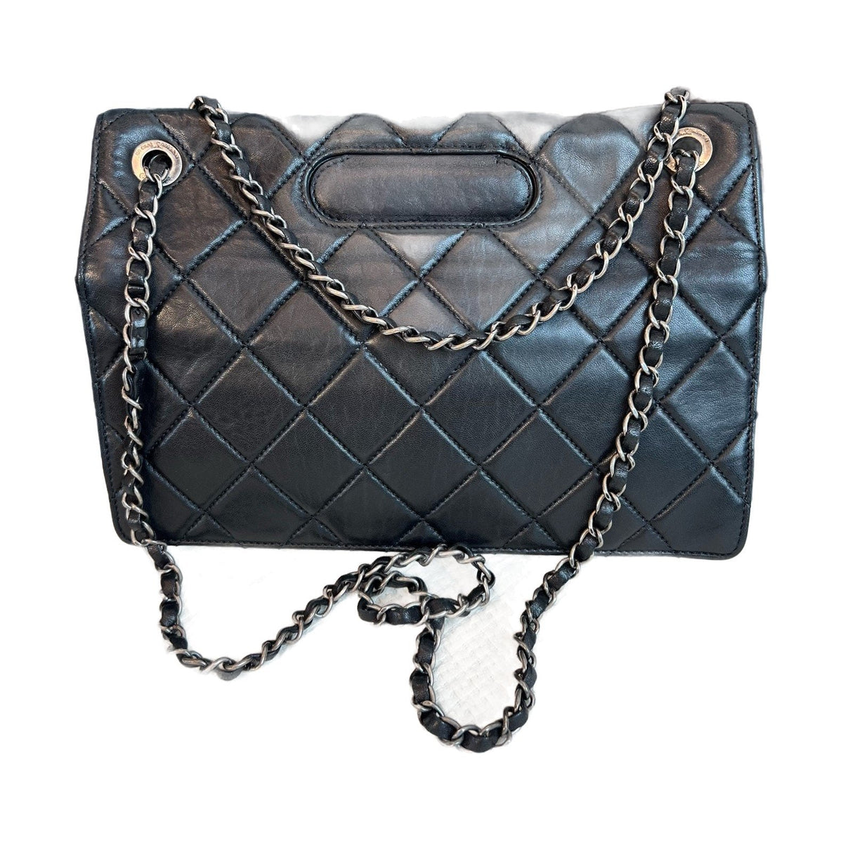 Chanel 2.55 Building Block Turnlock Black Silver Lambskin Chain Bag, 15 Series