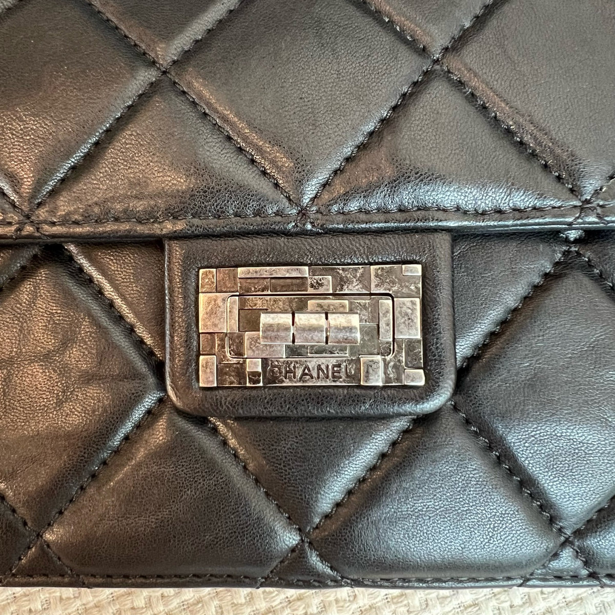 Chanel 2.55 Building Block Turnlock Black Silver Lambskin Chain Bag, 15 Series