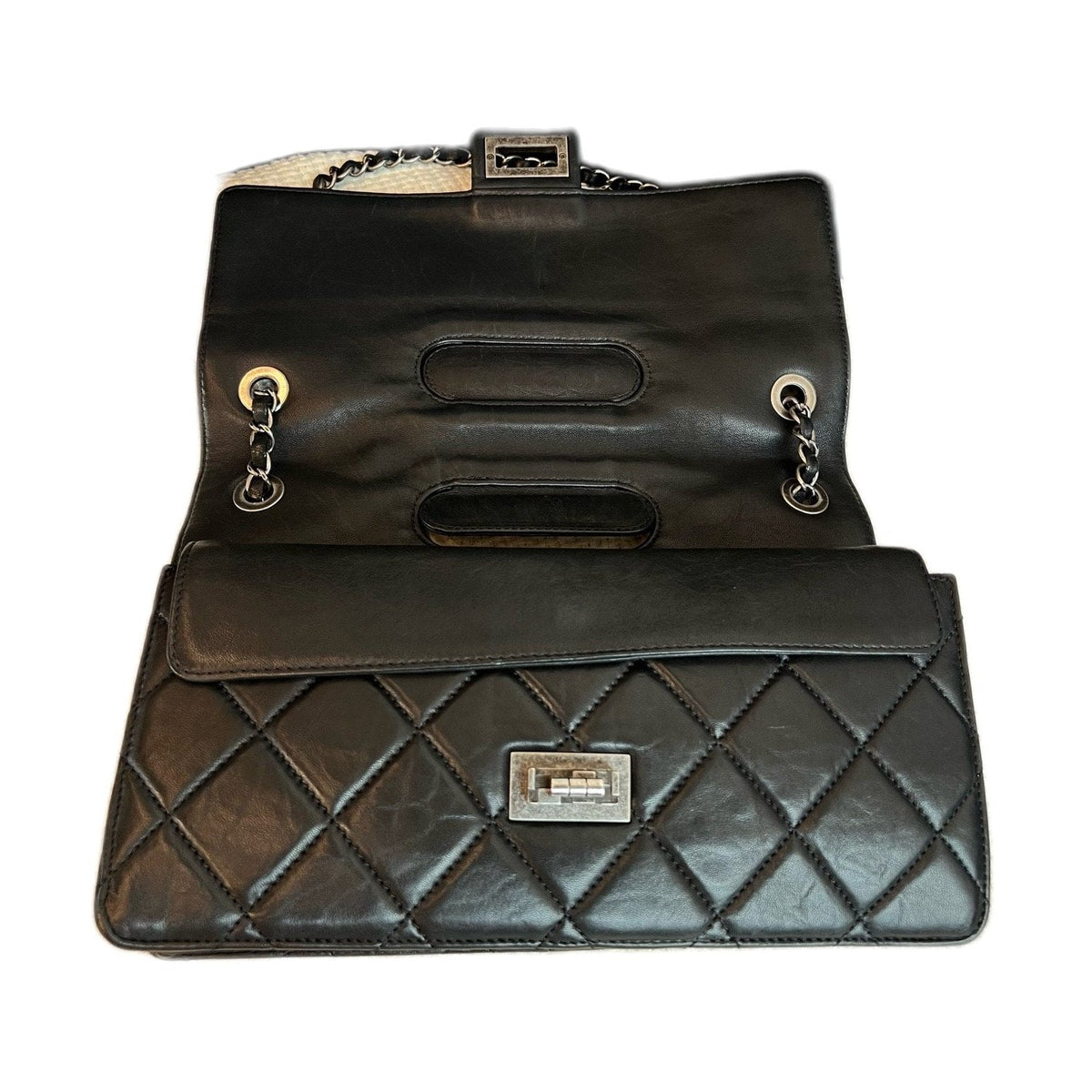 Chanel 2.55 Building Block Turnlock Black Silver Lambskin Chain Bag, 15 Series