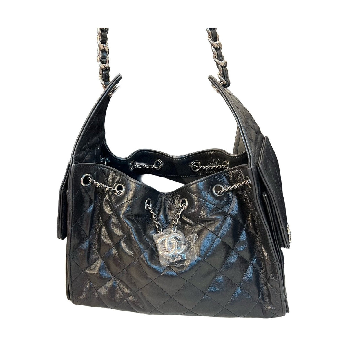Chanel Small 25 Bag, Black Waxed Calfskin, Silver Hardware