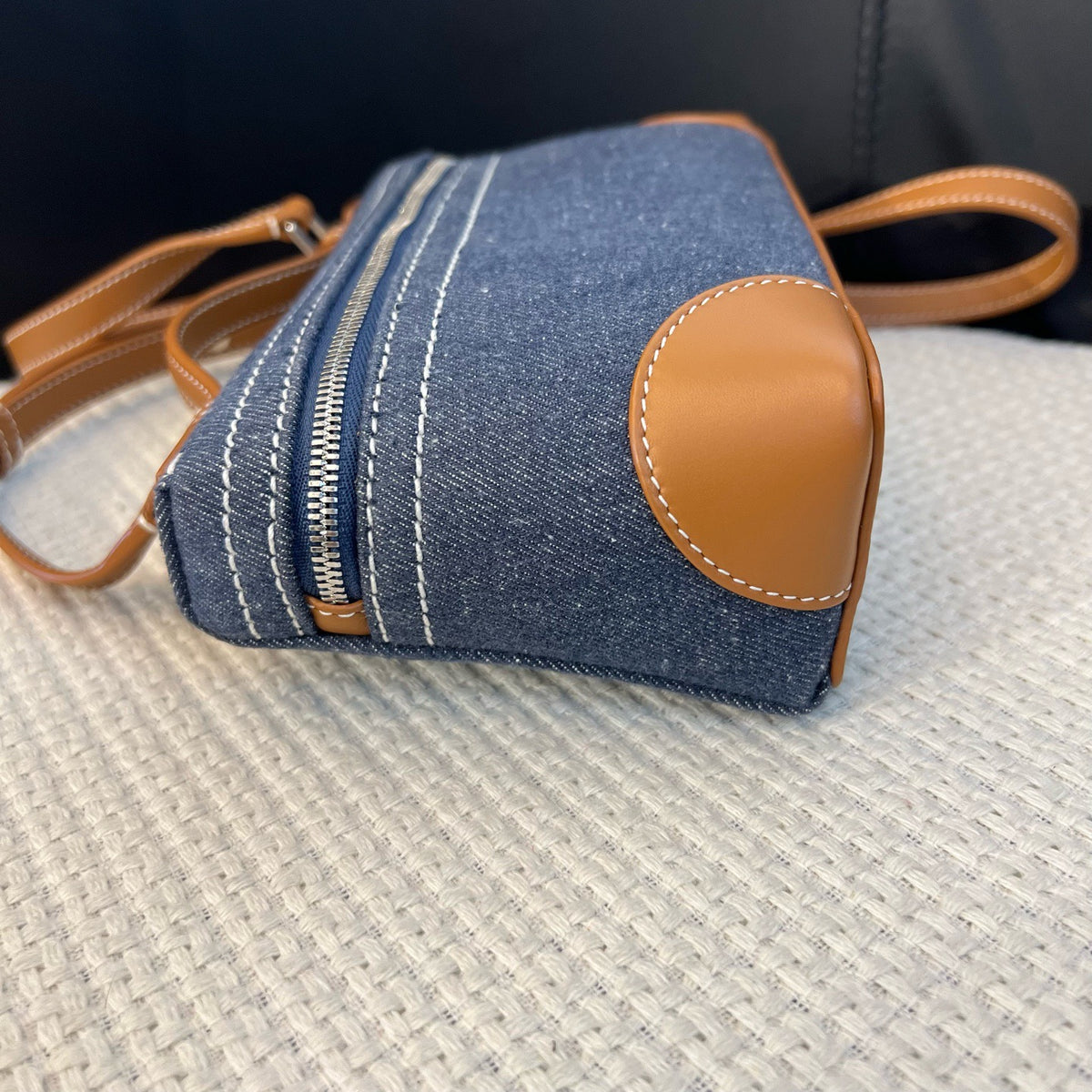 Loro Piana Gold Brown Denim & Leather L19 Lunch Box Handbag Crossbody