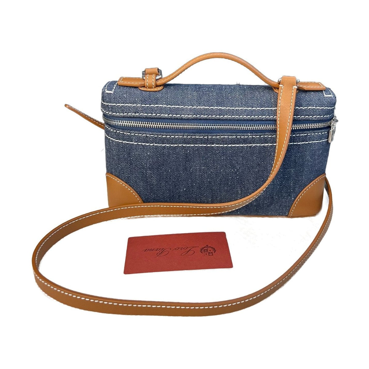 Loro Piana Gold Brown Denim & Leather L19 Lunch Box Handbag Crossbody