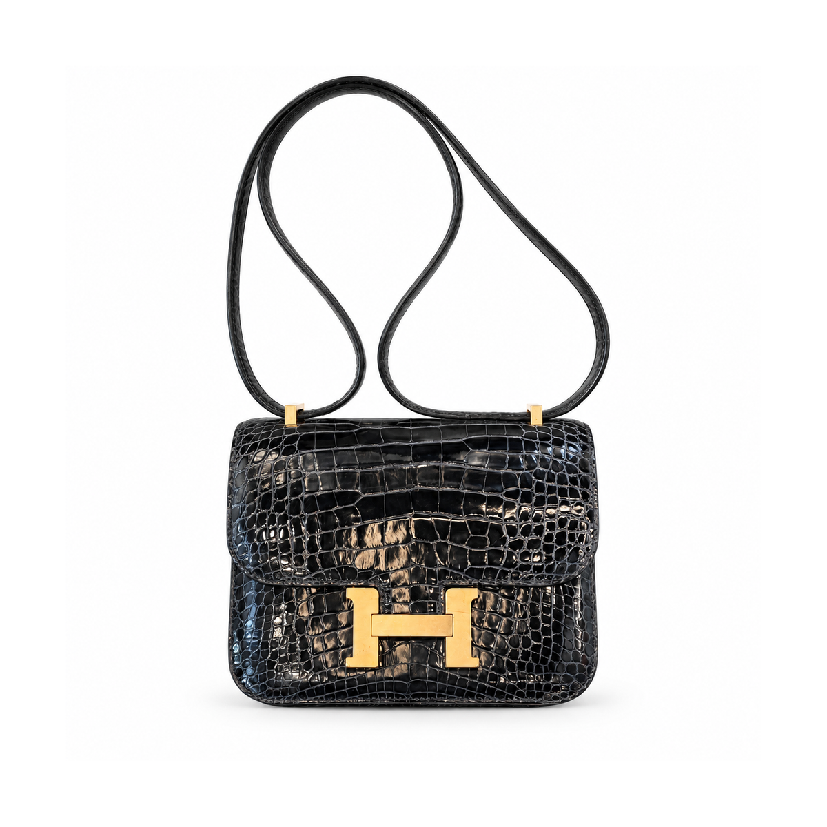 Hermès Constance Mini 18 Black Shiny Crocodile Gold Hardware