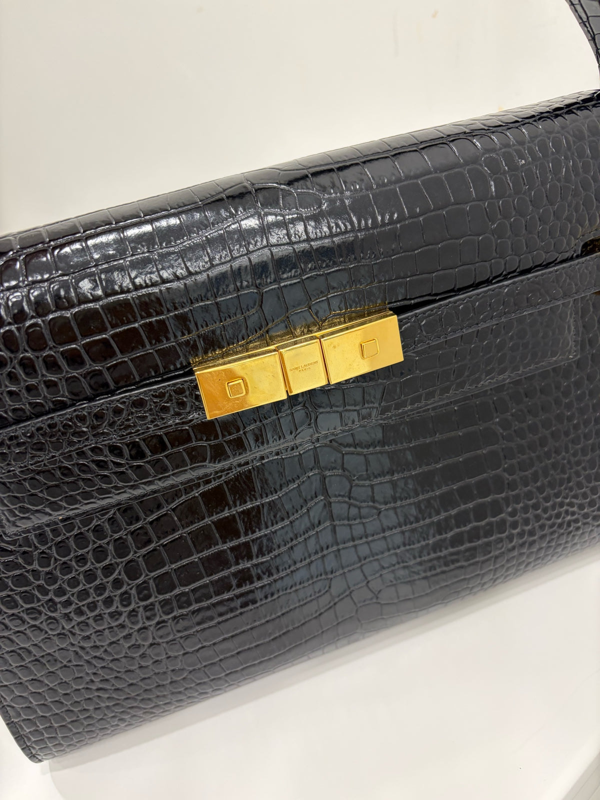 Saint Laurent Manhattan Medium, Black Croc-Embossed Leather, Gold Hardware