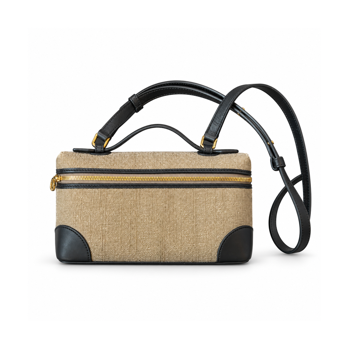 Loro Piana Linen Canvas & Black Leather Handbag