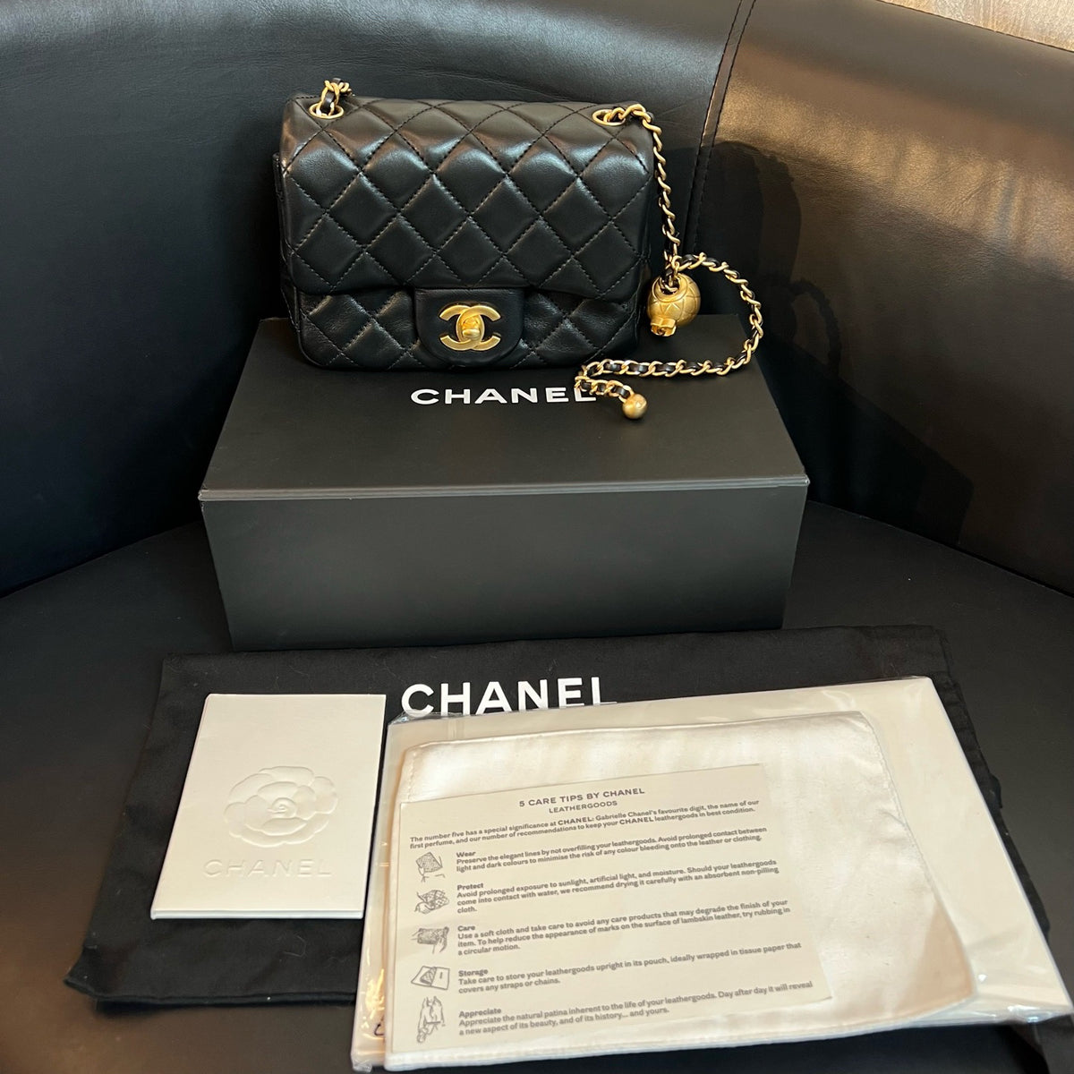 Chanel Black Lambskin Pearl Crush Square Mini Flap, Chip Version