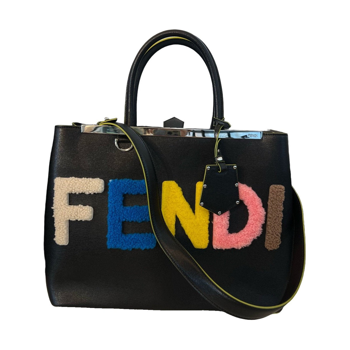 Fendi 2Jours Tote Bag, Black Calfskin, Multicolor Flocked Logo, Handbag & Crossbody