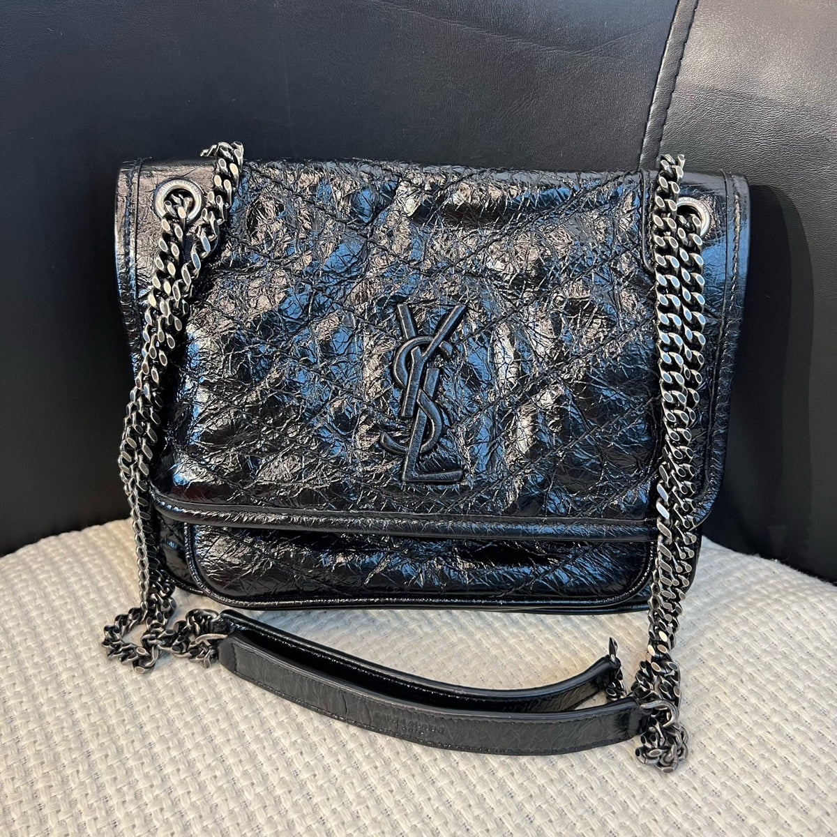 YSL Saint Laurent Niki Small, Black Crinkled Wax Leather, Non-D Buckle Chain Bag