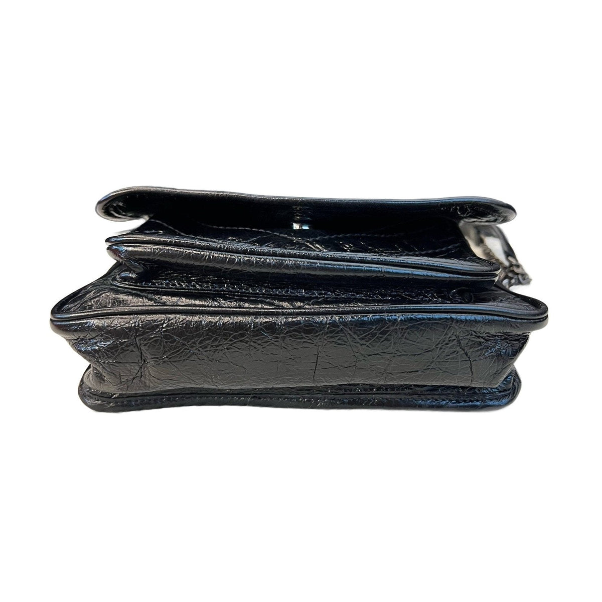 YSL Saint Laurent Niki Small, Black Crinkled Wax Leather, Non-D Buckle Chain Bag
