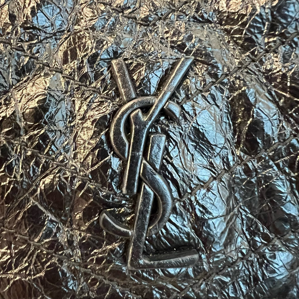 YSL Saint Laurent Niki Small, Black Crinkled Wax Leather, Non-D Buckle Chain Bag