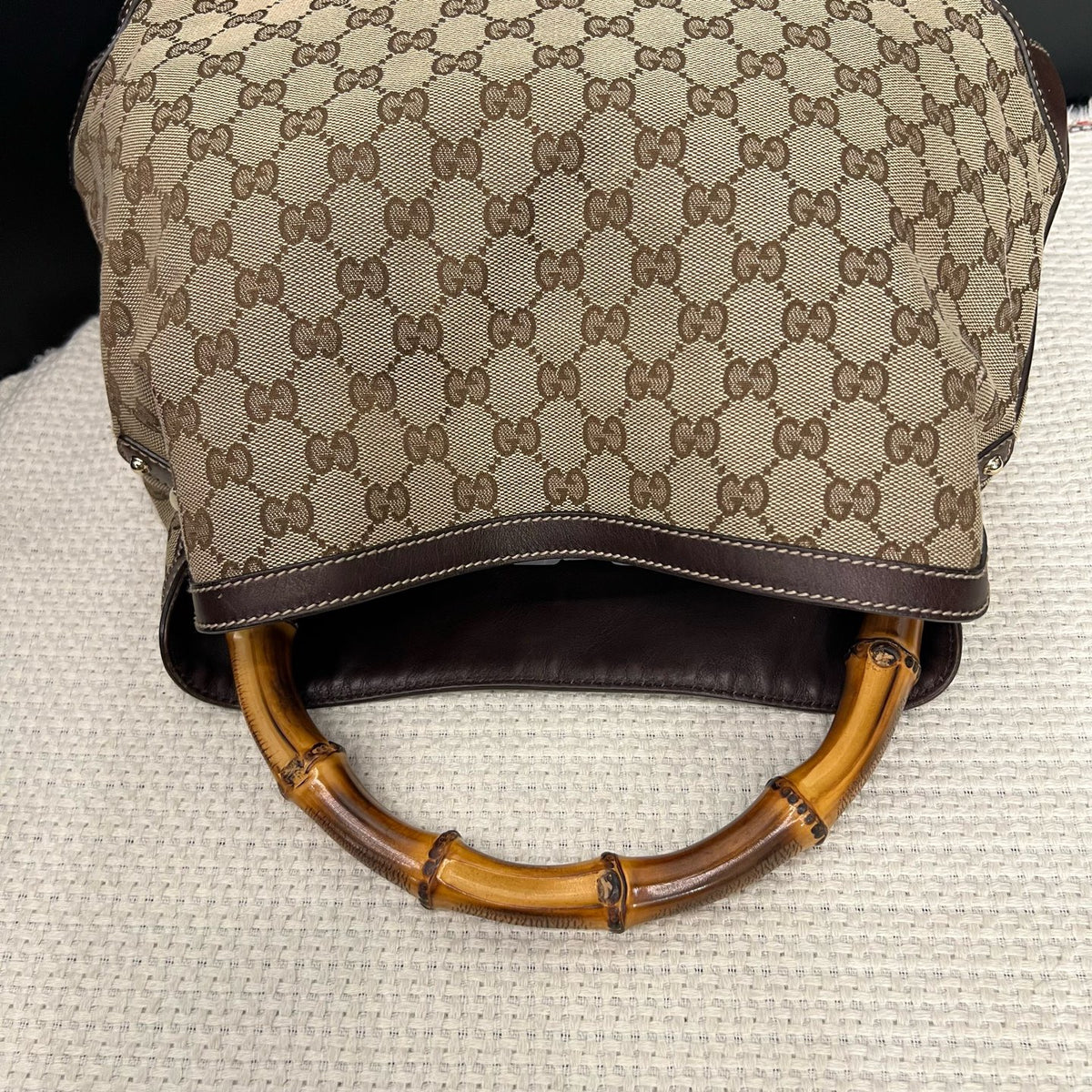 Gucci Vintage GG Canvas Bamboo Handle Hobo Bag, Brown Leather Trim
